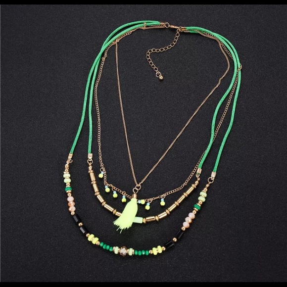 #sold Layered Boho Neon Yellow Necklace - Picture 3 of 5